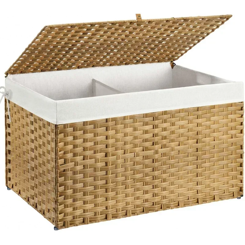 Storage Basket with Lid, 160L Handwoven Large Shelf Basket with Cotton Liner and Metal Frame, Foldable & Easy to Install, Storag