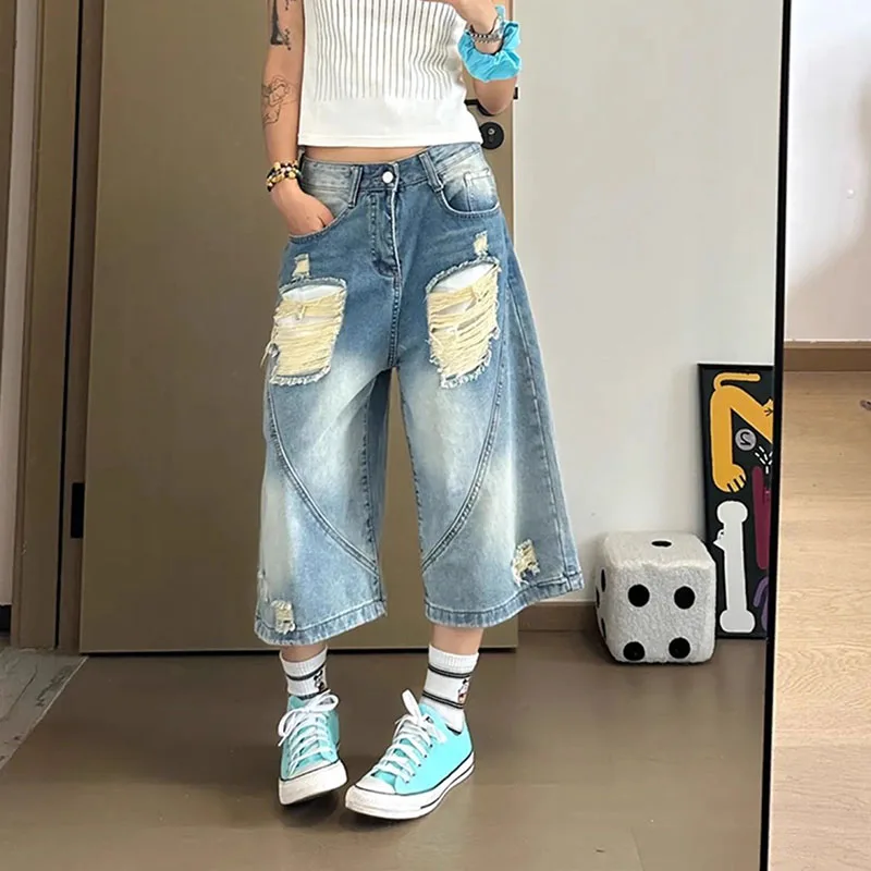 

Джинсы Y2K с низкой посадкой для женщин, винтажные рваные свободные джинсы средней длины, широкие брюки в стиле High Street, трендовые джинсы-клеш