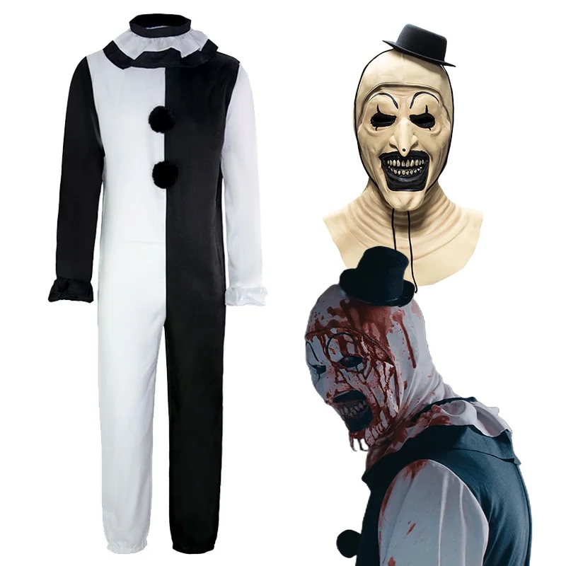 Clown Joker Cosplay Costume Mask Terrifier Jumpsuit Women Men Halloween Horror Black White Bodysuit TV Art The Clown Clothes Set