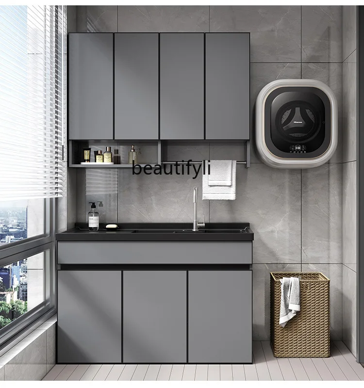 

Alumimum Wash Wardrobe Washbasin Integrated Laundry Tub Balcony Household with Washboard Quartz Stone Single Slot Corner