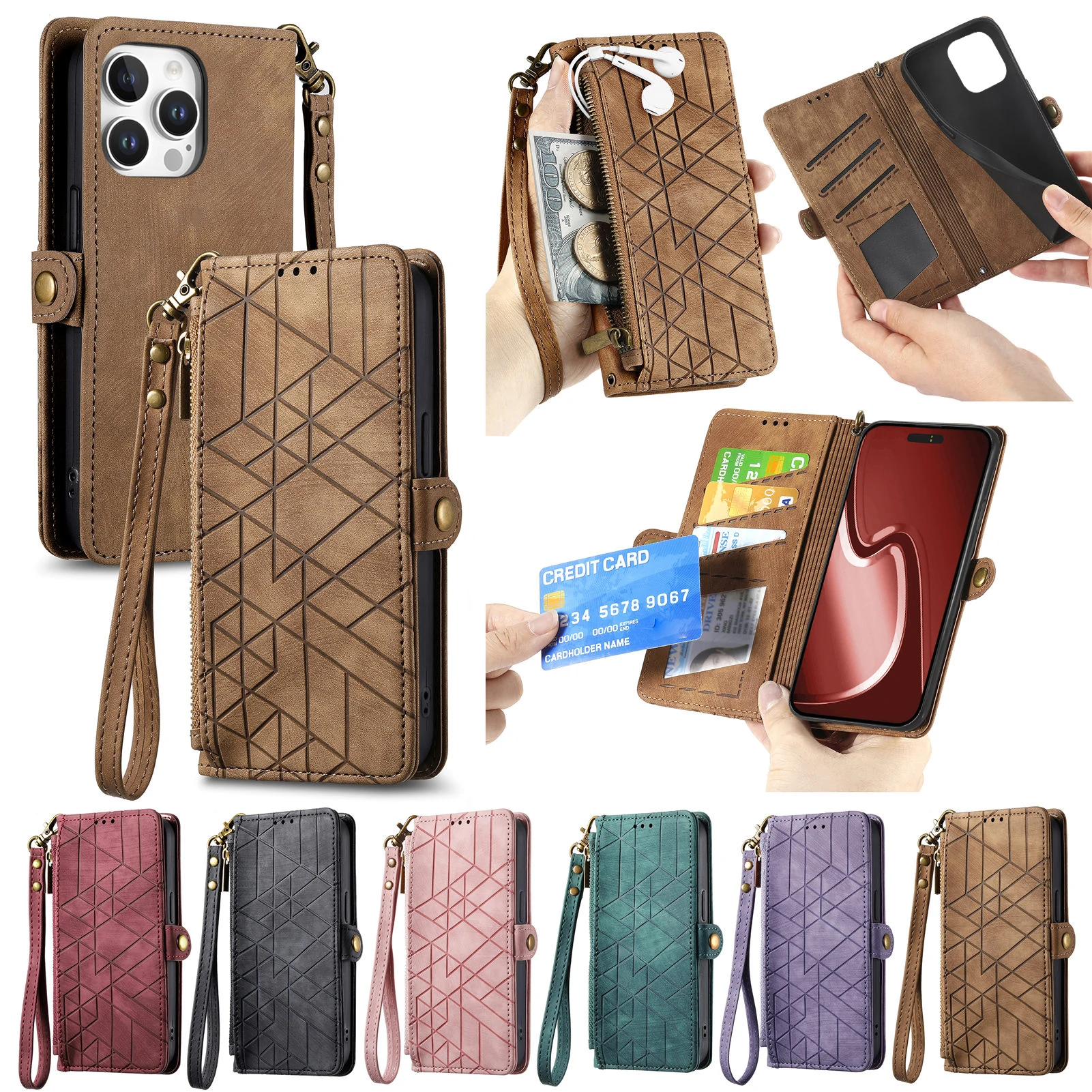 Luxuriöse Pu-Leder-Handyhülle für iPhone 16 17 Pro Max 15 Plus 14, stoßfeste Abdeckung, Zubehör, Brieftasche, Kartenhalter mit Umhängeband