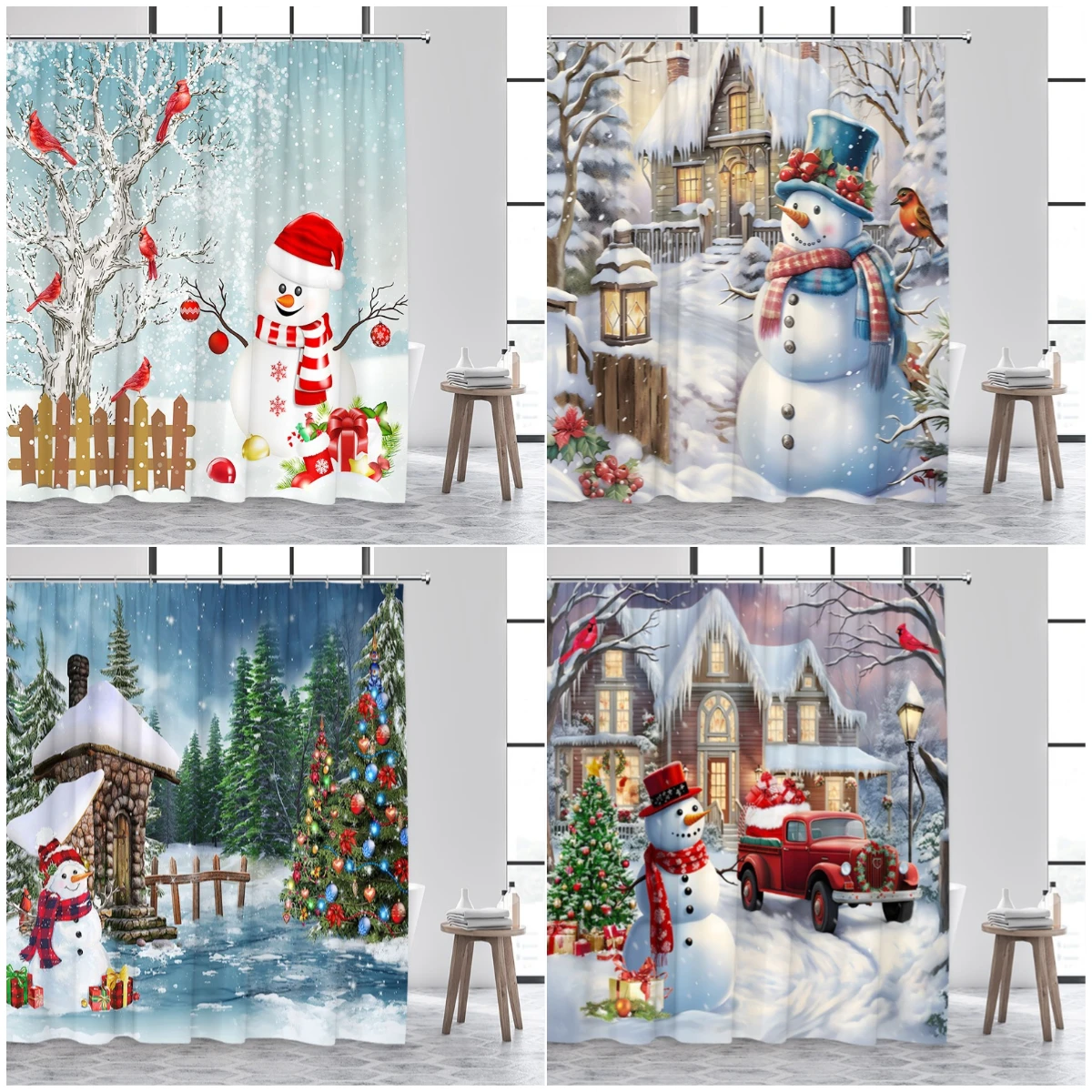 

Забавные занавески для душа со снеговиком, зимний лес, фермерский дом, красная грузовик, Рождественская елка, снежный пейзаж, занавеска для ванной комнаты, декор с крючками