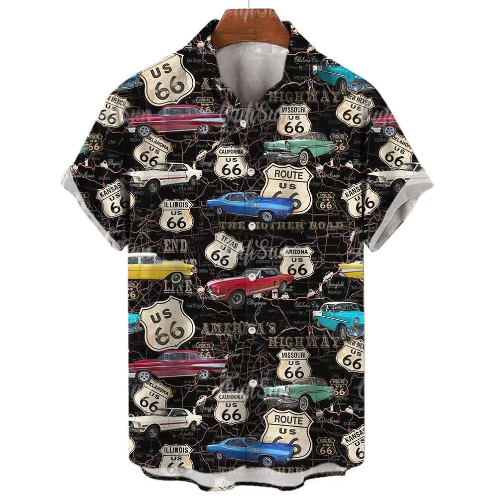 Vintage Men's Shirts Route 66 Print Short Sleeve Tops Summer Clothing American Landmarks Pattern Shirt Oversized Tees Streetwear