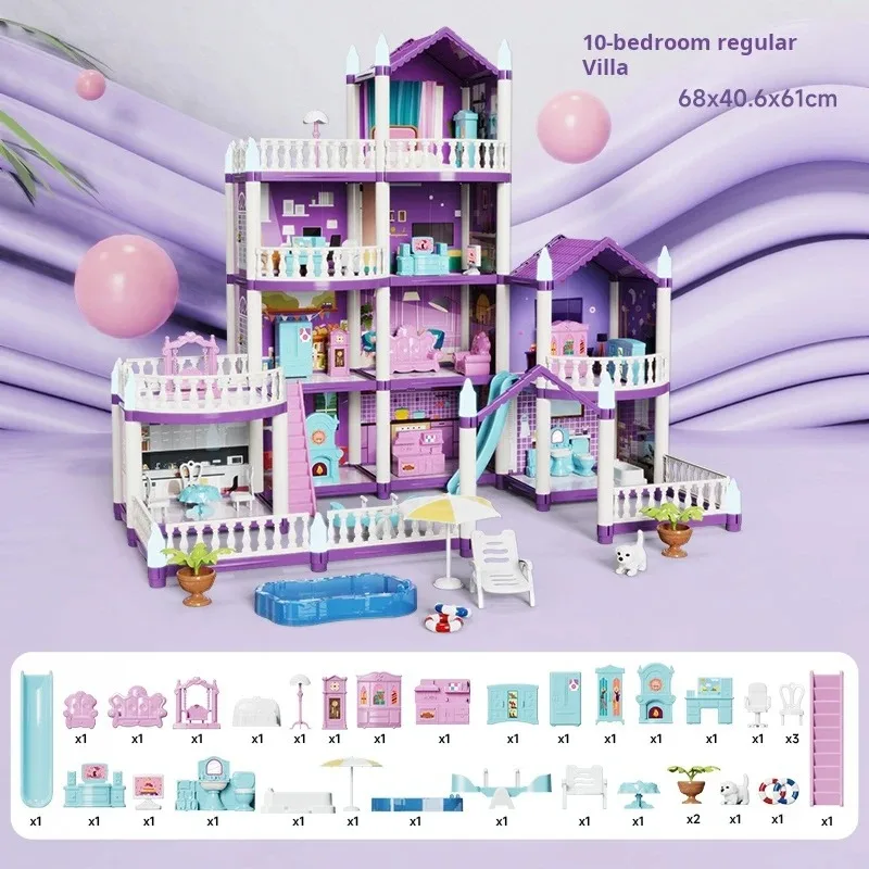DIY Princess Castle Doll House 4/6/10 Rooms 3‑Storey Villa with Slide Furniture Dolls Pretend Play Toy for Girls Birthday Gift