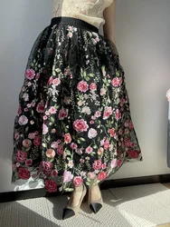 JIAMI Luxury High Waist Floral Pleated Tulle Skirt High Quality 3D Embroidered Flowers Black Skirt Party Elegant Women Clothes