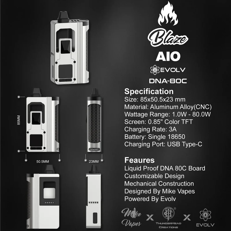 الأصلي ThunderHead Creations Blaze AIO DNA 80C 80W Vape Mod Single 18650 Battery Compatibility with Boro Tank E-Cigarettes Mod #4