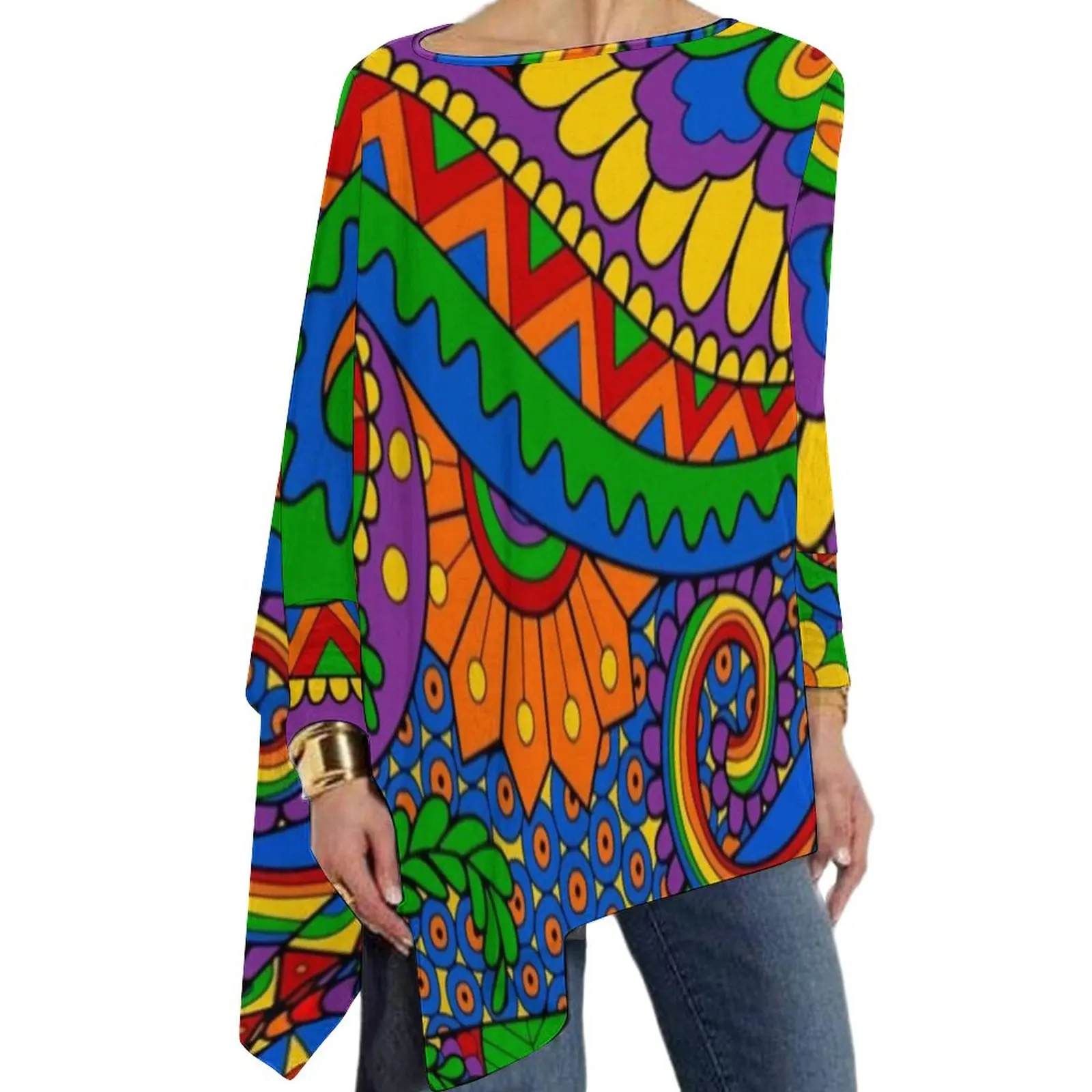 Happy Hippy Floral T-Shirt Psychedelic Rainbow Print Casual Loose Long-Sleeve T-Shirts Funny Tshirt Women Tops Big Size 5XL 6XL