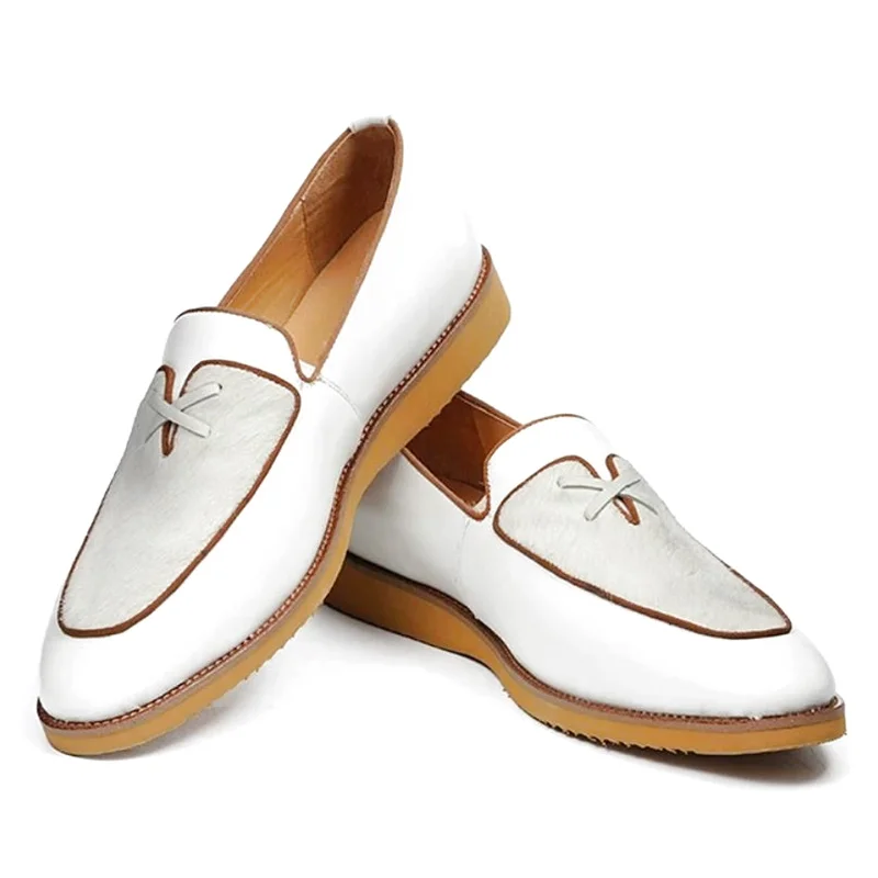 Elegant Simple Style Men's White Loafers Cow Leather Slip-on Business Casual Shoes Fashion Cowhide Lining And Pad Dress Shoes