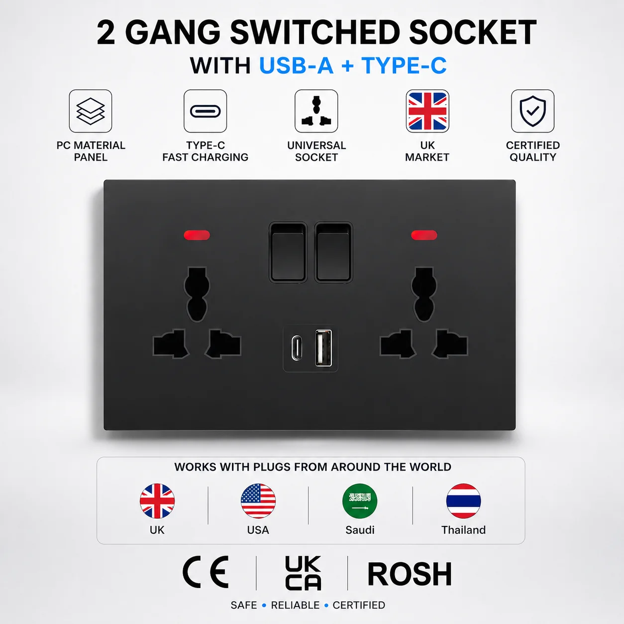 Black UK Standard Wall Socket Switch Panel Type-C 18W Fast Charging 13A Usb 3.1A Wall Socket, Universal Dual 3-pin Power Outlet view 3