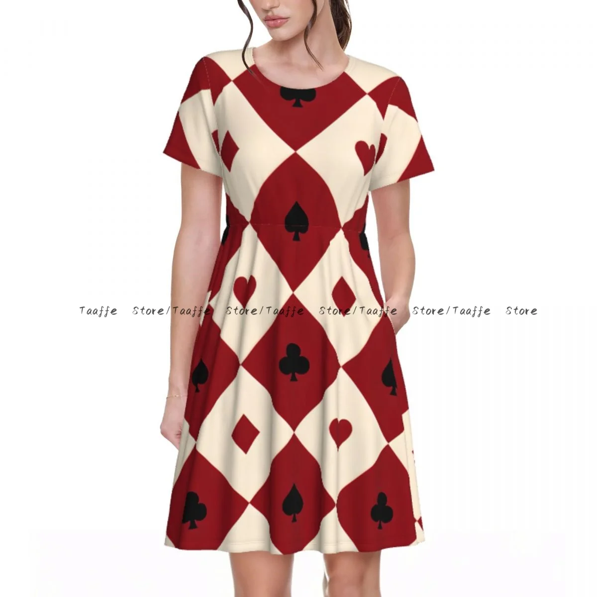 

Summer Women's Short Sleeve Waist Dress Women Card Suits Red Burgundy Cream Print Round Neck Casual Dress