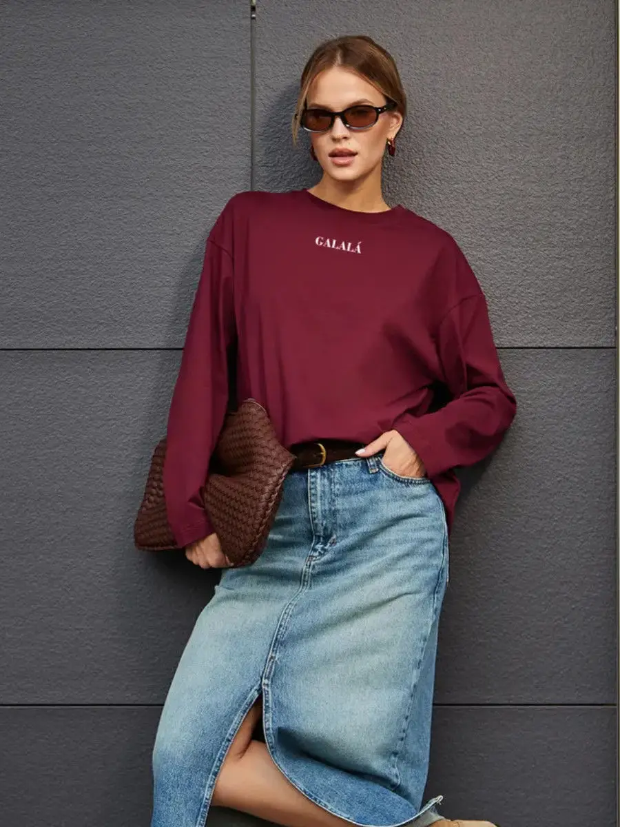 Chemises rouge vin au Design de rue russe, hauts graphiques imprimés au dos, en pur coton, à manches longues, amples