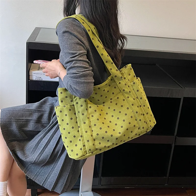 Lady's tote bag with heavy corduroy polka dot large capacity commuter shoulder bag casual handbag shopping bag