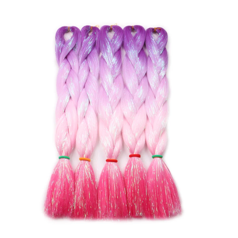 5 Pieces Synthetic Braiding Hair With Tinsel Pink Blue Purple 24inch 100grams Glitter Jumbo Braids Hair Extension