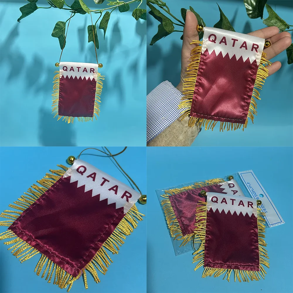 Bandera para ventana de coche de la Copa de Fútbol 2026 / Qatar, 8*12cm, poliéster, impresión a doble cara, banderín colgante de Qatar, mini bandera de Qatar