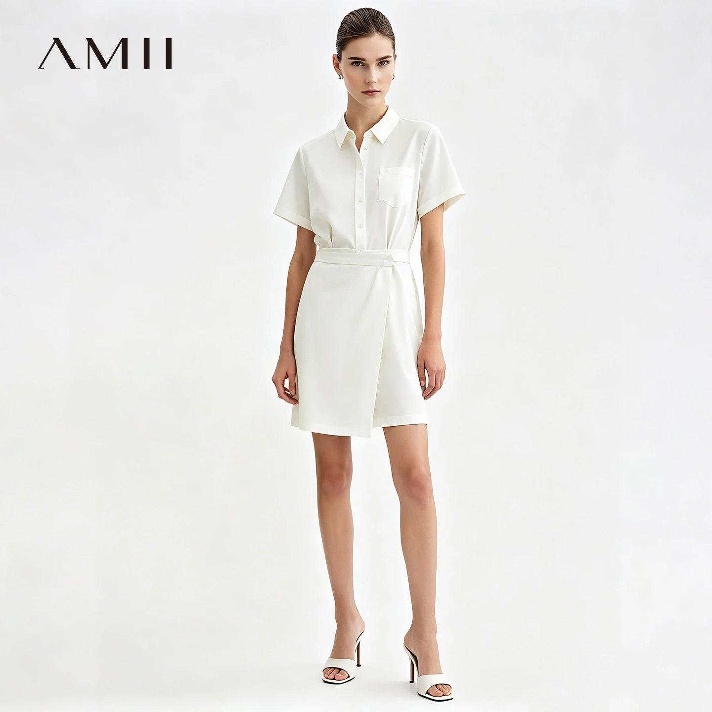 

Amii Women's Casual Dresses 2026 Summer New Lapel Collar Half Placket Short Sleeve Panel Office Midi Dress For Women 12642177