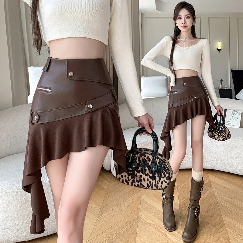 

Summer PU leather patchwork pleated irregular half skirt temperament spicy girl high waist slimming and hip hugging short skirt