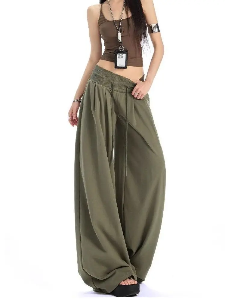 

Американские повседневные брюки с низкой талией и широкими штанинами для женщин, весна-осень, новинка, свободный крой, струящиеся, в пол, спортивные, длинные