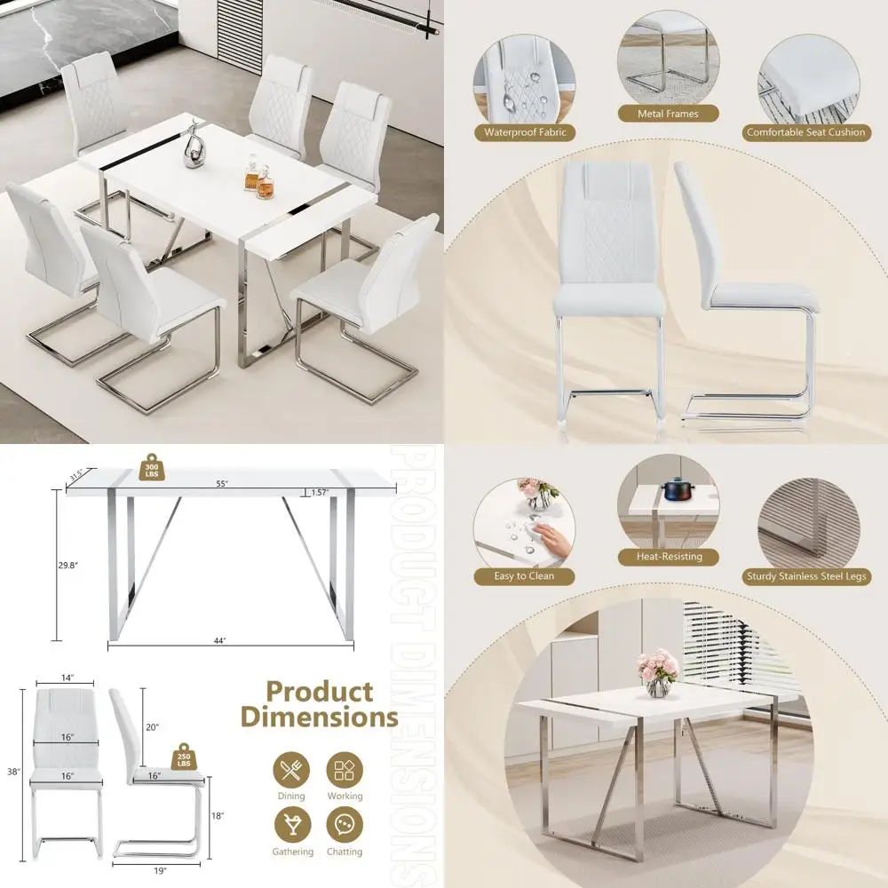 Modern 55-Inch Rectangle Dining Table Set for Six with White Top and Silver Metal Legs, Including 6 White Upholstered Chairs