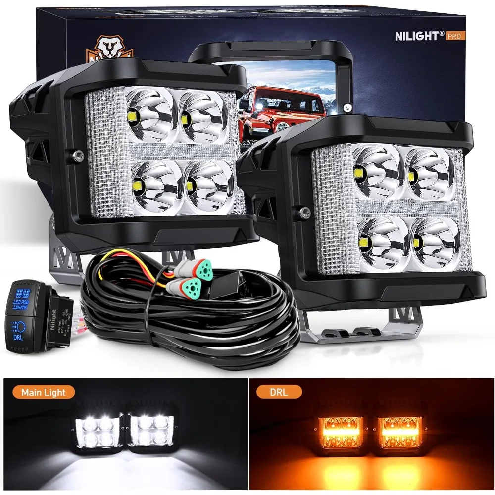 Nilight Side Shooter LED Light Pods with Amber DRL 4 Inch 26 W Spot Flood Combo LED Cubes Light w/ 16AWG Wiring Kit for Offroad Driving Fog Light Auxiliary Light on Truck ATV UTV