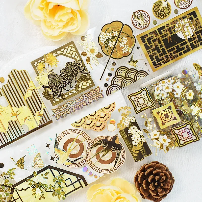 2m/Roll Vintage Golden Flower Window PET Tape Bronzing Butterfly Decorative Masking Tape Sticker Scrapbooking Journal Stationery