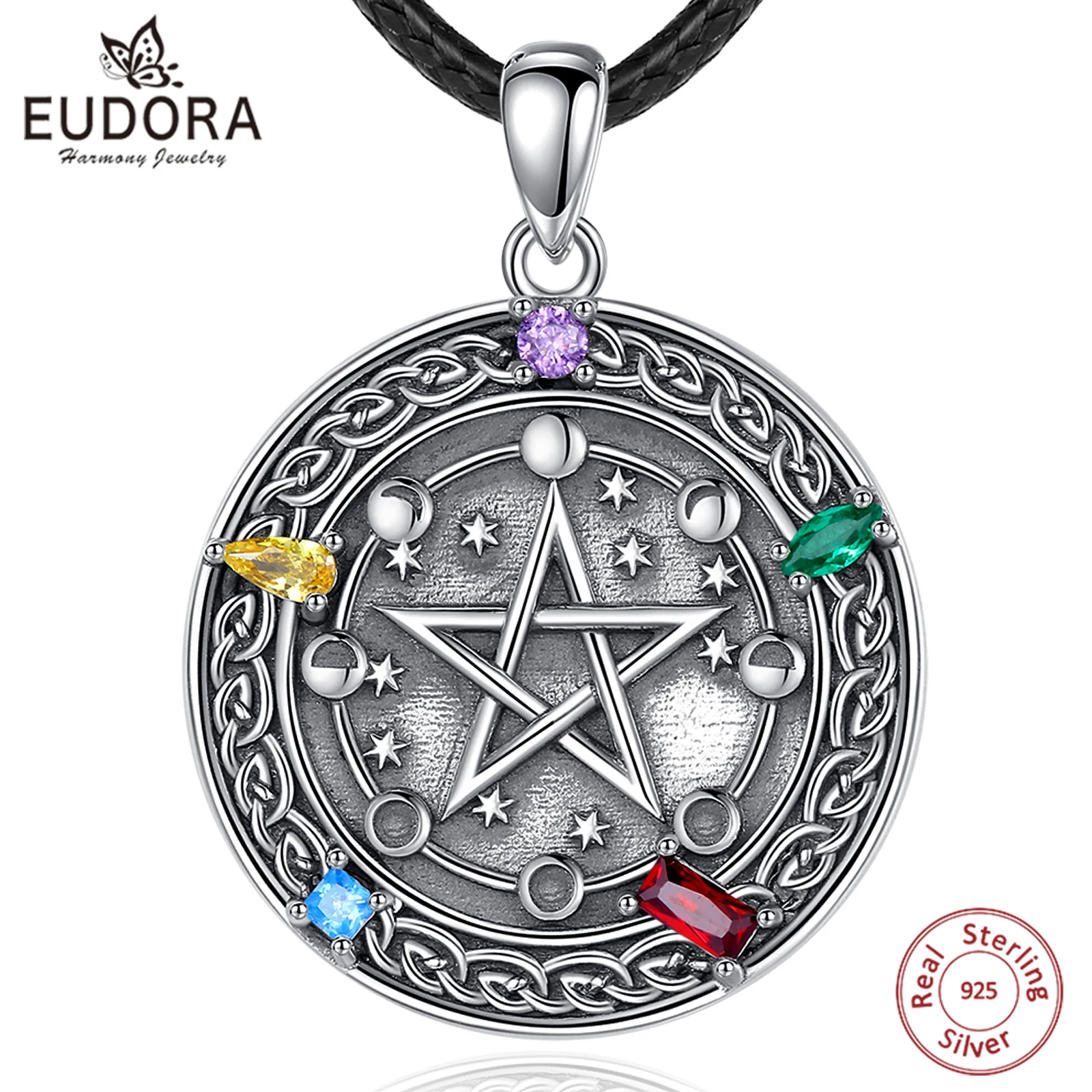 Eudora 925 Sterling Silver Pentagram Necklace for Women Man Amulet Lunar Cycle Guardian Star Tetragrammaton Pendant Jewelry Gift