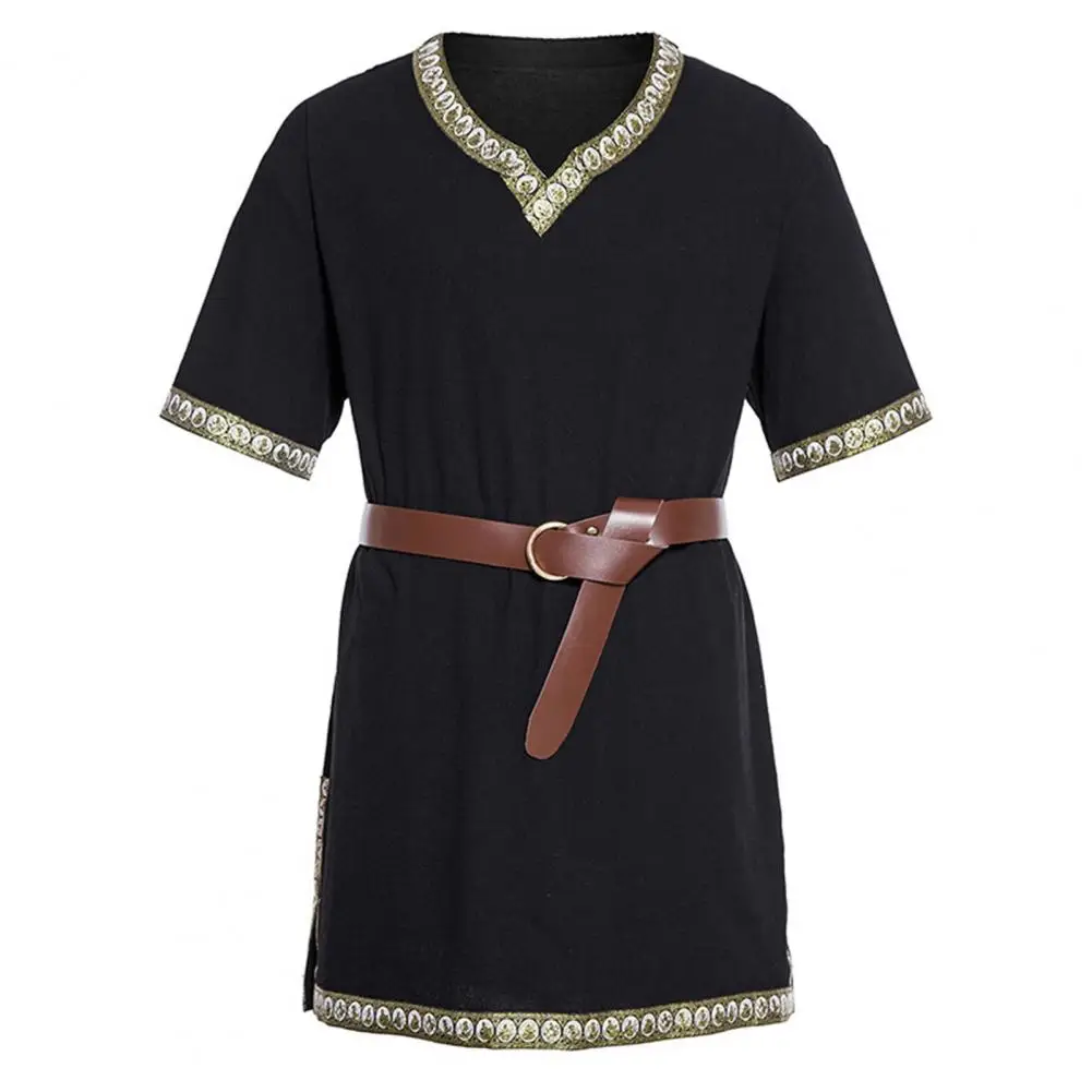 40% Hot Sales！Medieval Viking Tunic Shirt Short Sleeves Embroidery Belted Cosplay Stage Performance Halloween Costume Pirate Top