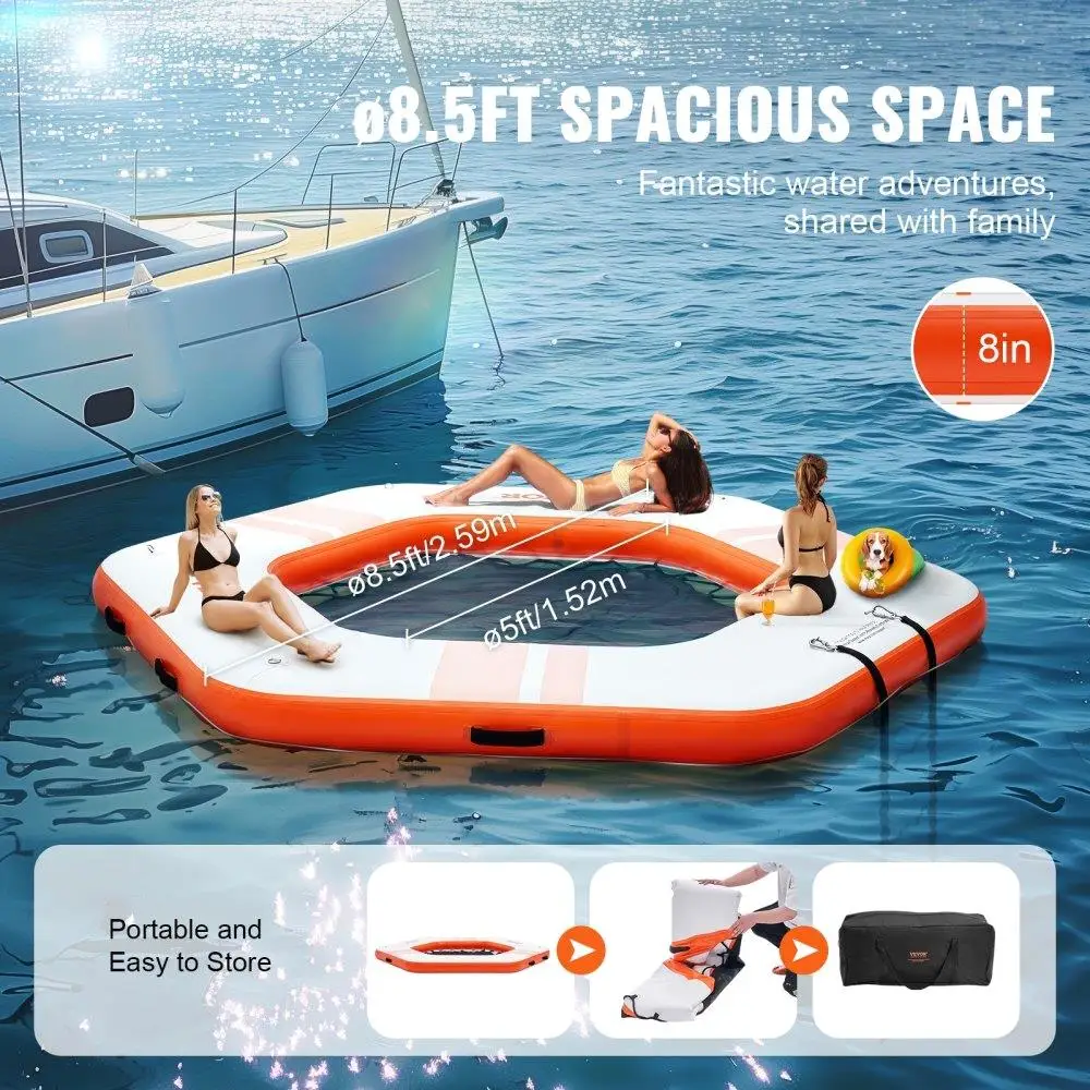 Inflatable Floating Dock 8.5FT for pool Platform 5FT Trampoline Mesh Water Mat Non-Slip Portable Bag Detachable Ladder for pool