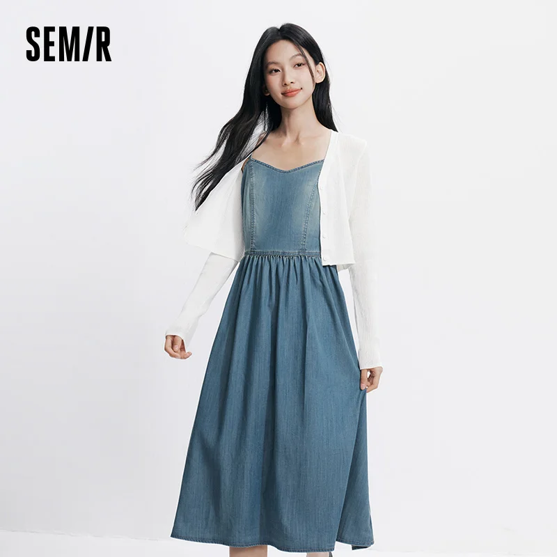 

Semir Women Dress Denim V Neck Cool Feeling Slip Dress Short Cardigan Two Piece Set Cool Stylish 2026 Summer Casual Fashion Top