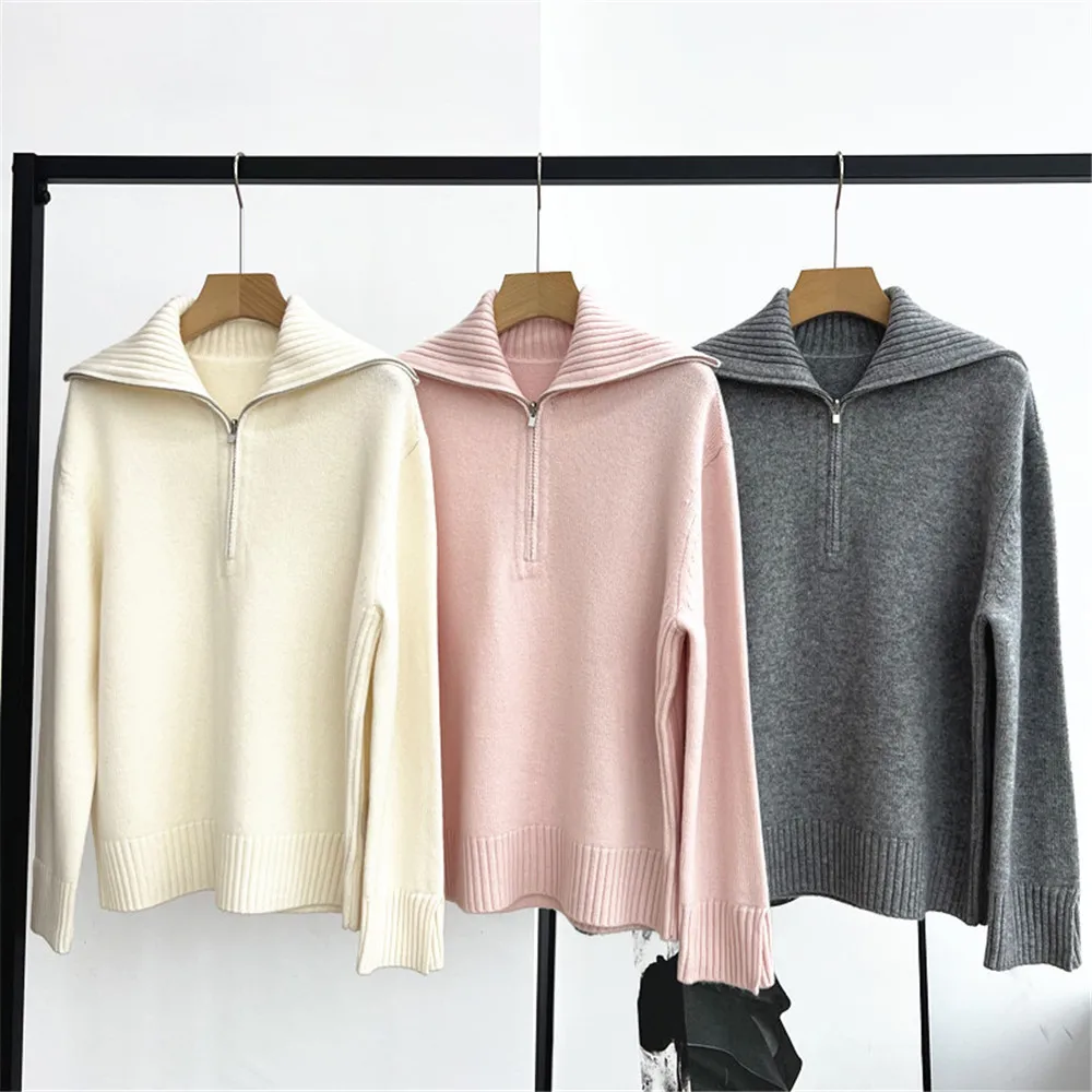 

25 Autumn/Winter Women's Half Zipper Long Sleeve Loose Cashmere Thick Knitted Sweater