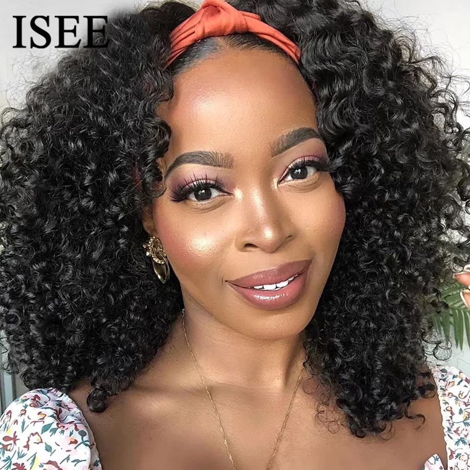 ISEE Hair Headband Wig Human Hair Kinky Curly Scarf Wigs For Women Brazilian Curly Wigs on Sale No Glue No Gel Full Machine Wigs