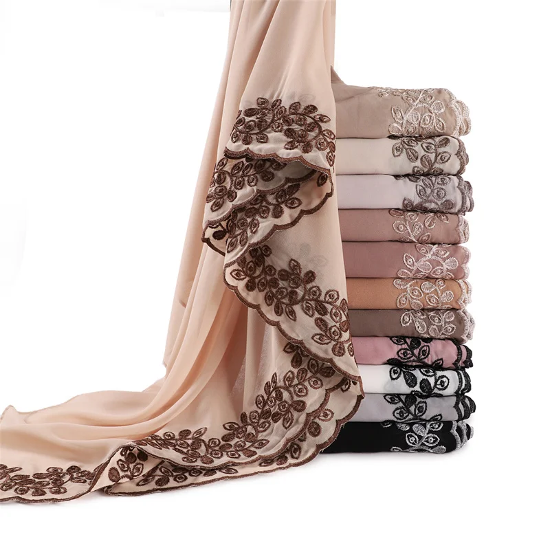 Simples bordado floral bolha chiffon hijab ramadan rendas ponto xales feminino protetor solar lenço ao ar livre à prova de vento cabeça envoltório