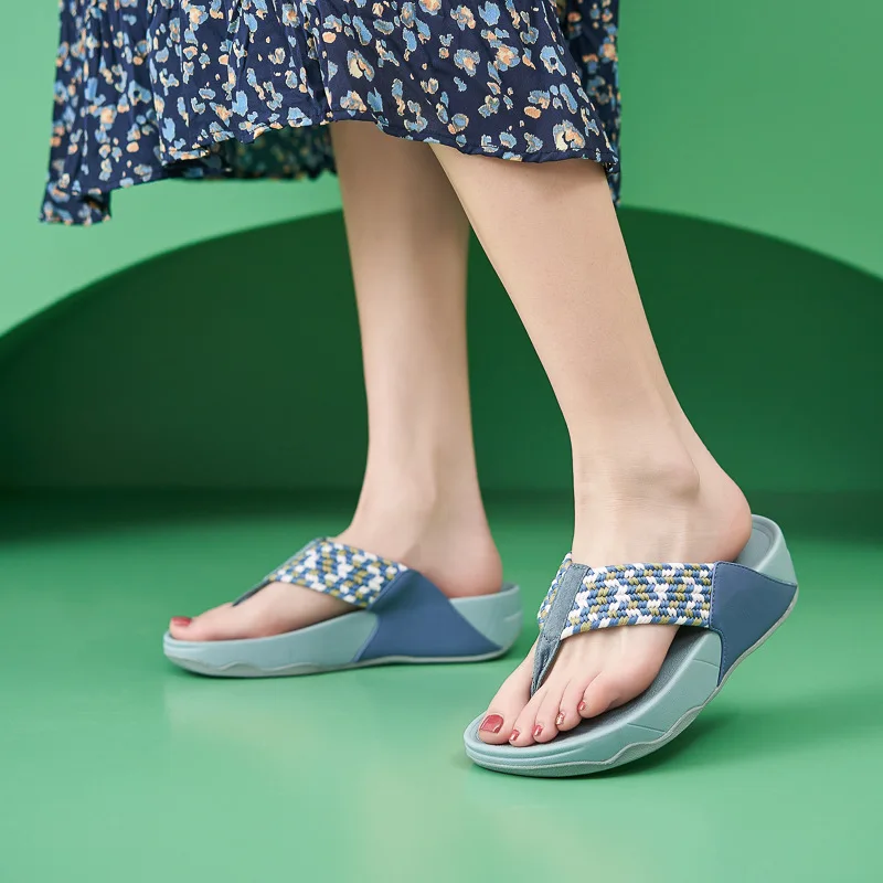 Summer Women 2.5cm Platform 5cm High Heels Slippers Female Casual Bohemian Wedges Heels Flip Flops Lady Comfortable Blue Shoes