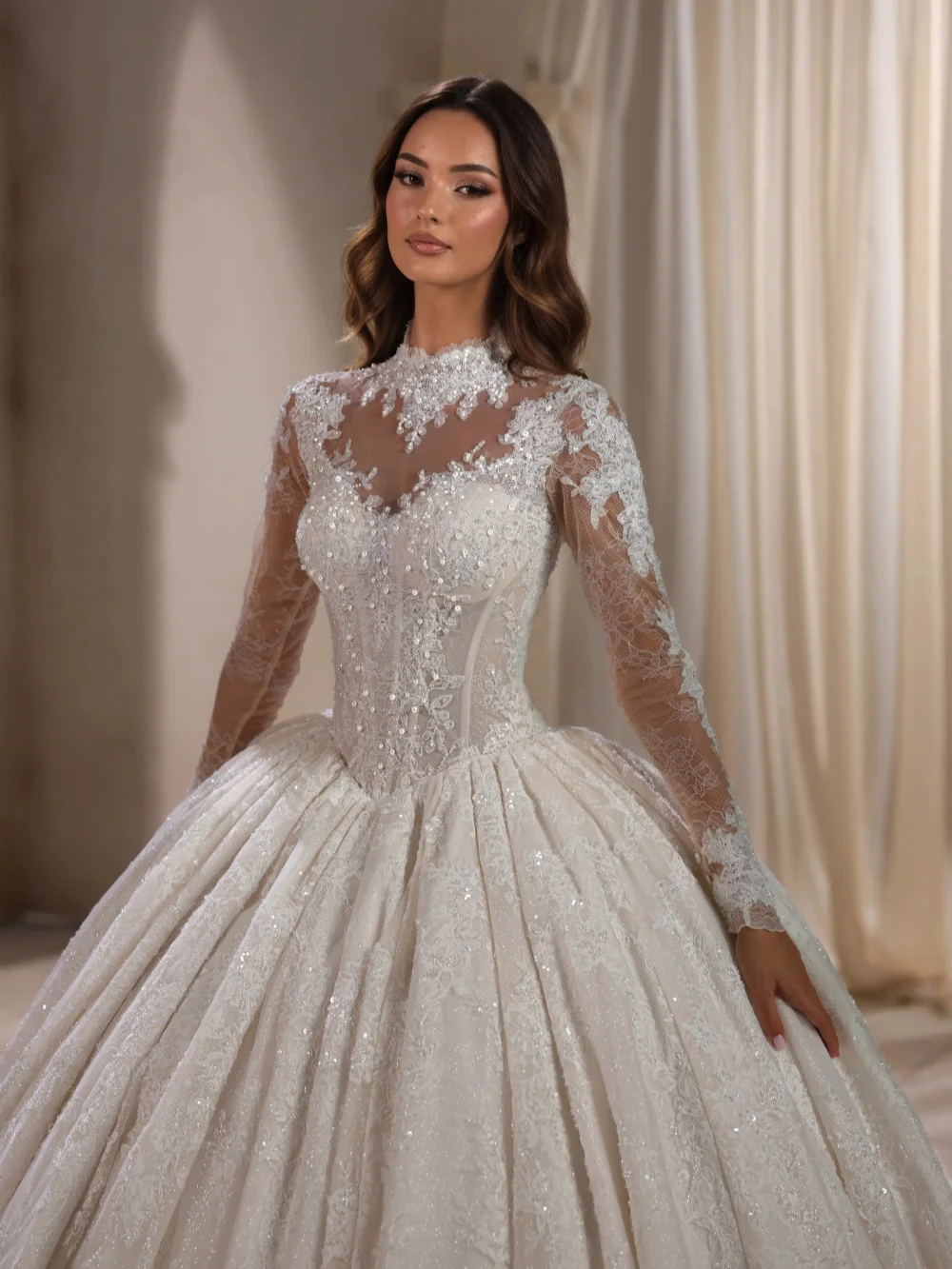 Dreamy High Neck Beaded Lace Wedding Dress Long Sleeve Luxurious Bridal Gown Customized Glamorous Ball Gown Dresses For Bride