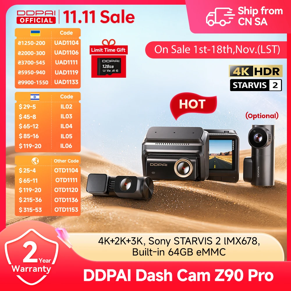 DDPAI Car Dashcam Z90Pro 4K+2K IMX678 Front and Rear Car Dash Cam Dual HDR ADAS 24H Parking WiFi 6 Car DVR Camera Video Recorder