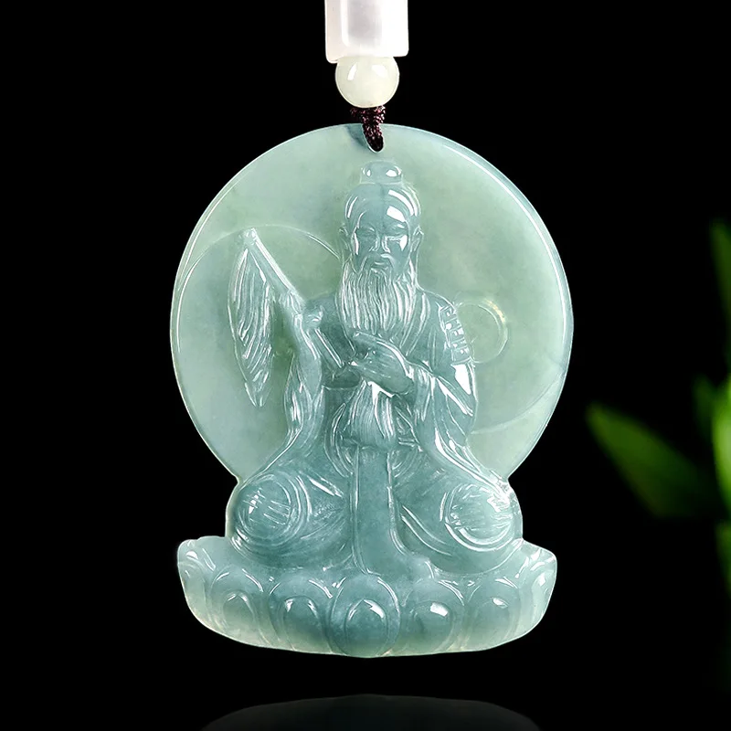 

Myanmar Emerald Real Natural Blue Water Jade Lord Lao Zi Pendant Necklace Carved Jewelry Fashion Amulet Gifts Certificate