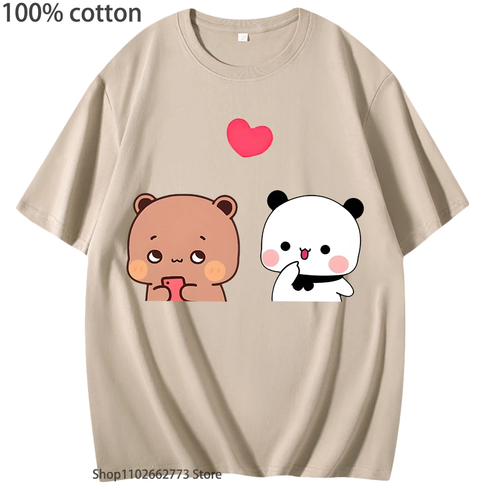 

Футболки Bubu & Dudu Love с рисунком панды и медведя, женские летние мягкие футболки, топы в корейском стиле, мужские футболки унисекс из 100% хлопка