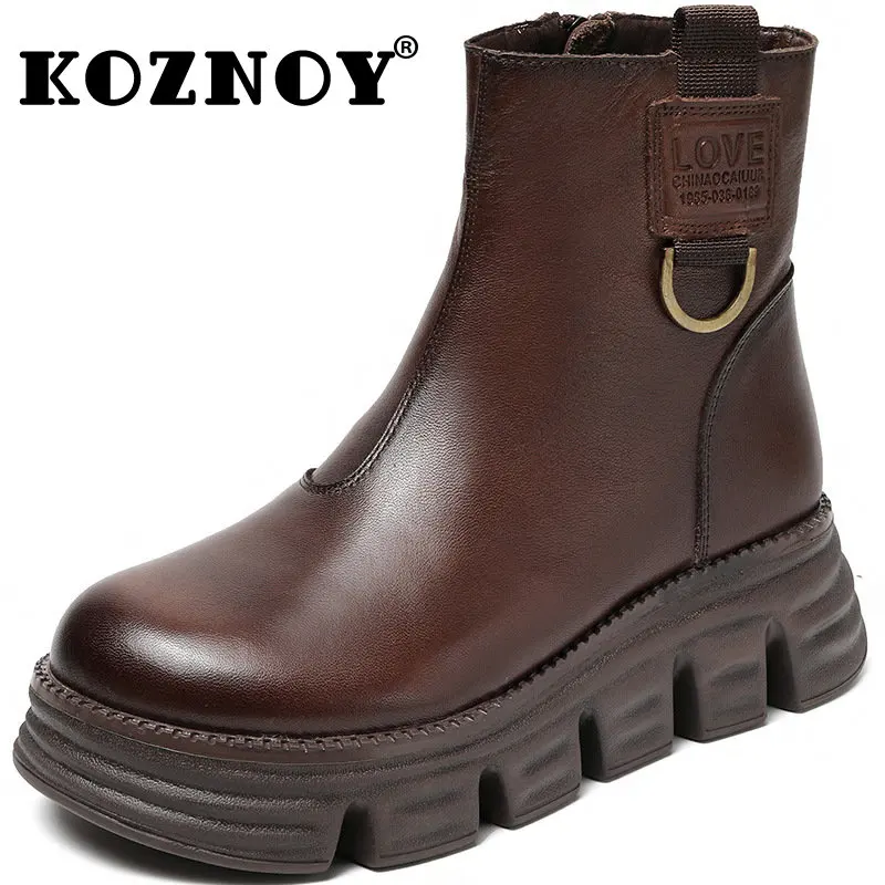 

Koznoy 5.5cm Retro Natural Genuine Leather Ankle Boots Autumn Spring Women Boots Ladies ZIP Flats Platform Wedge Females Shoes