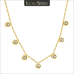 LUXUSTEEL Chic 7 Stones Round Crystal Zircon Pendant Necklace for Women Stainless Steel Rolo Link Chain Choker Luxury Jewelry