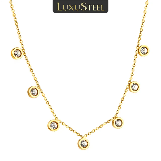 LUXUSTEEL Chic 7-kamieniowy okrągły kryształowy wisiorek z cyrkonią naszyjnik dla kobiet Rolo Link Chain Choker ze stali nierdzewnej luksusowa biżuteria