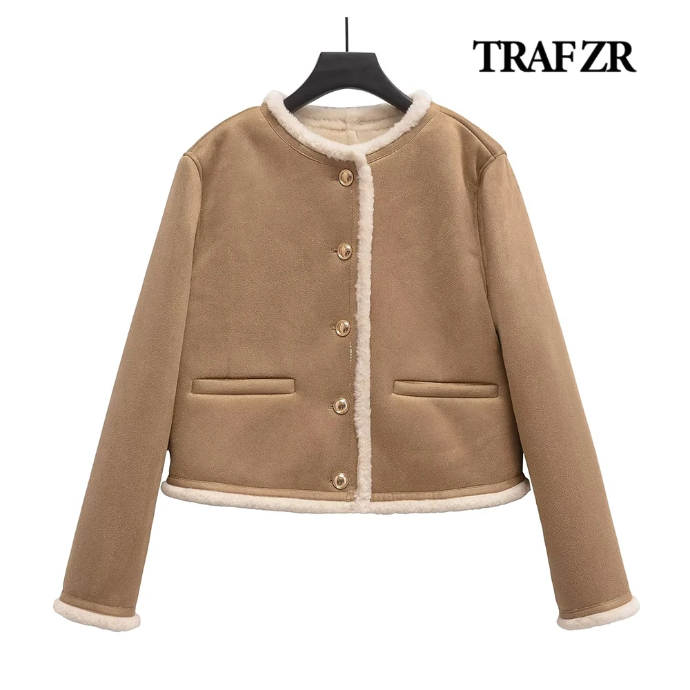 TRAF ZR Basic Double-faced Gold Button Jacket High Street  Long Sleeve Suede Coat Fleece Fabric Outerwear Front Welt Pockets