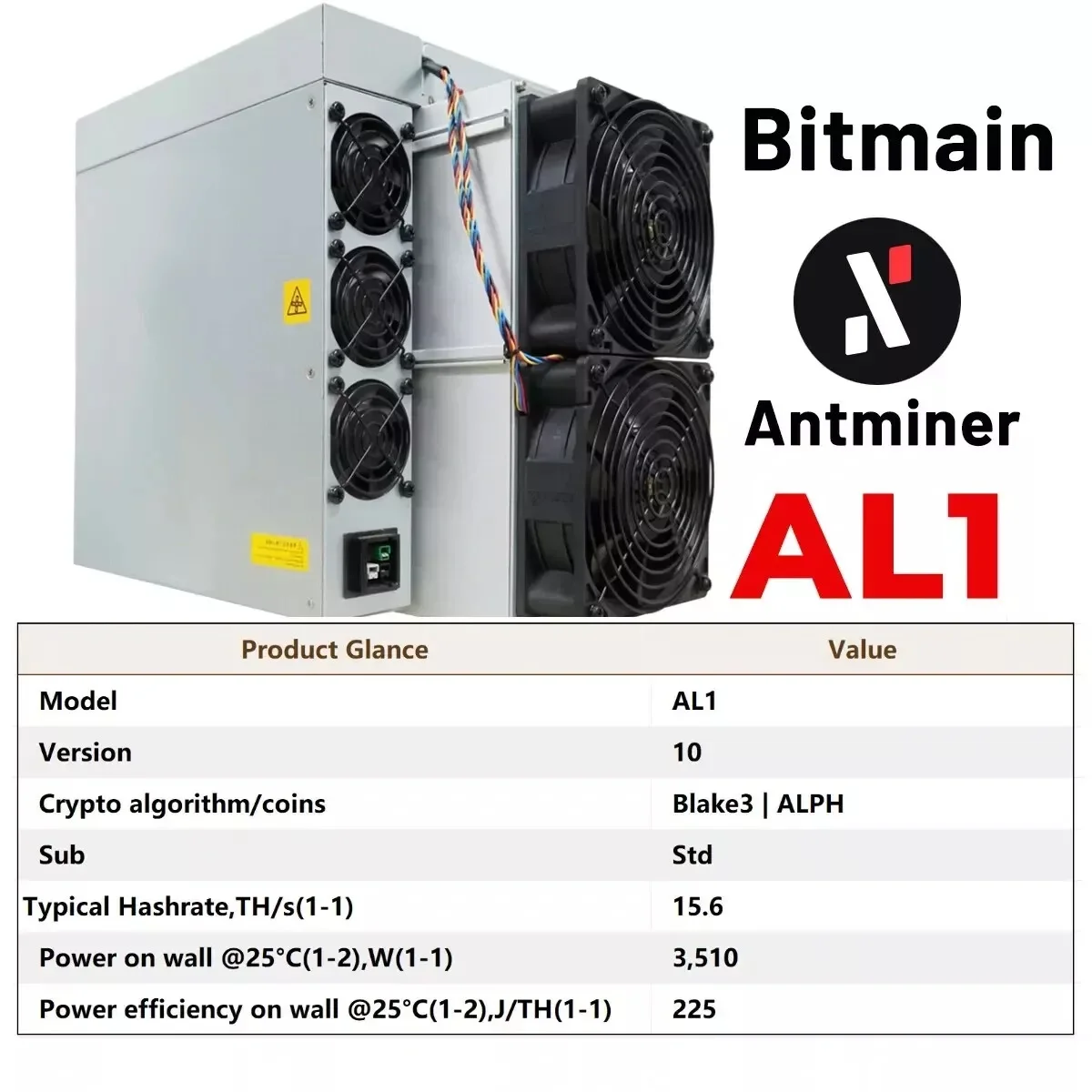 Antminer AL1 15.6Th/s 3510W Alephium Miner With PSU