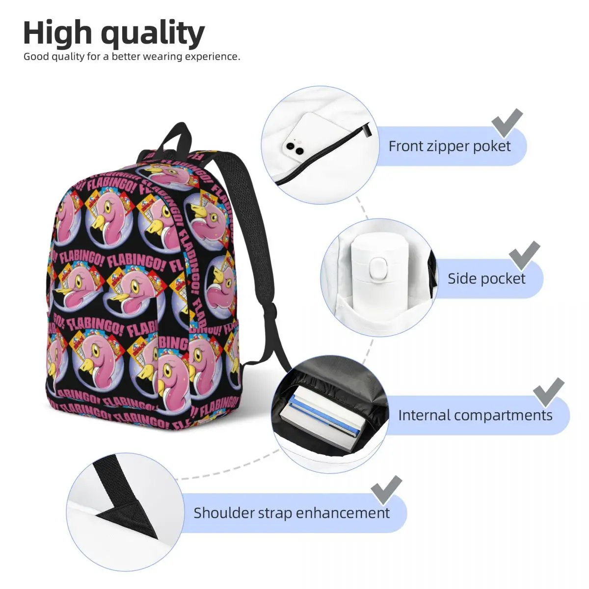 Funny Flabingo 플라밍고 빙고 배낭 데이 팟 대용량 어린이 책가방 학교 가방 남성 여성을위한 어깨 가방