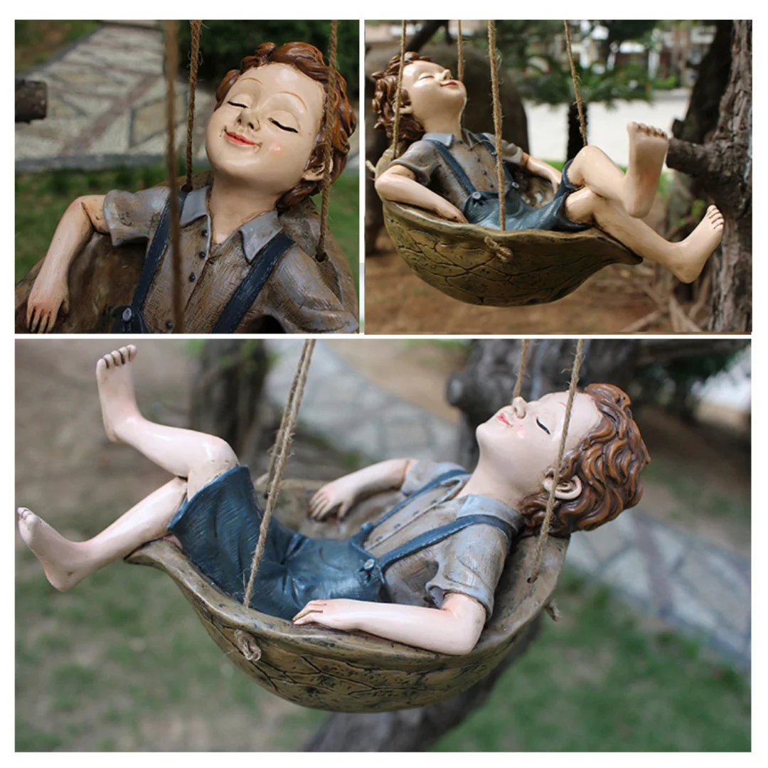 

1pc Swing Boy Statue Leisurely Atmosphere Garden Accessories Resin Sculpture Ornament For Home Office Desktop Living Room Book