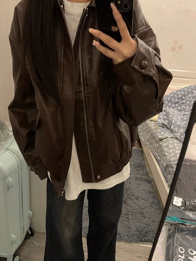 Kurtka damska Cé Brown ze skóry PU, casualowa, w stylu vintage, motocyklowa, modna odzież wierzchnia na jesień i zimę, duży rozmiar.