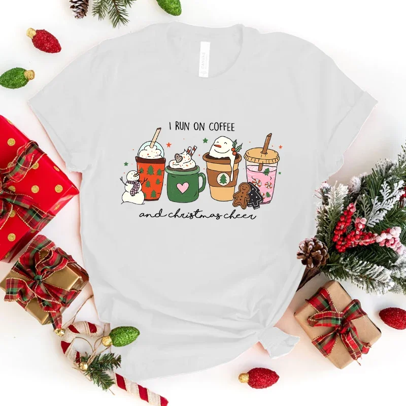 New Christmas I Run On Coffee And Christmas Cheer Print Tshirt Unisex Casual Short Sleeve T-Shirt Women Fashion Christmas tops