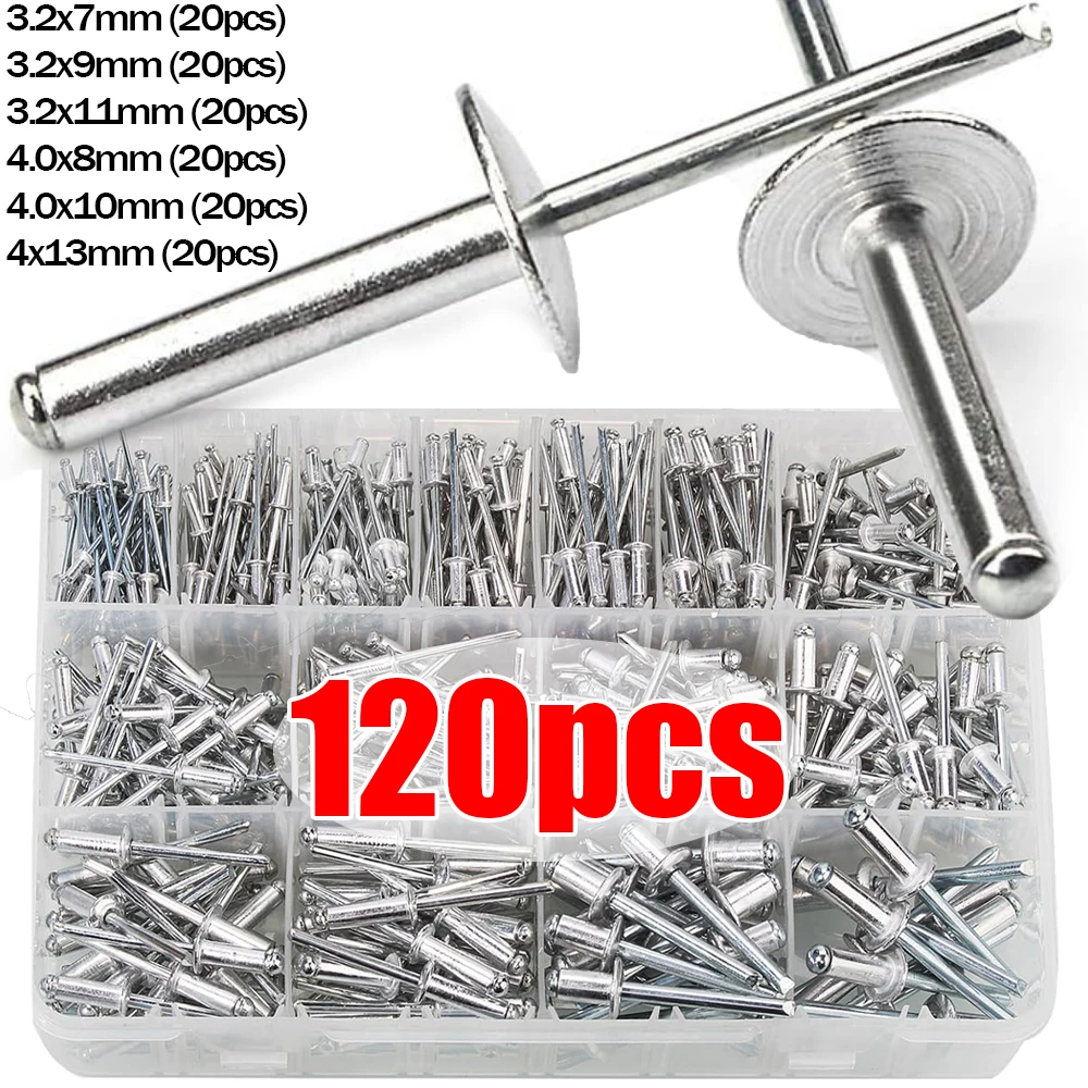 120pcs Aluminum Alloy Riveter Fasteners Sets Pop Rivets Assortment Kit Furniture Assortment Dome Head Blind Rivet Nut Tools