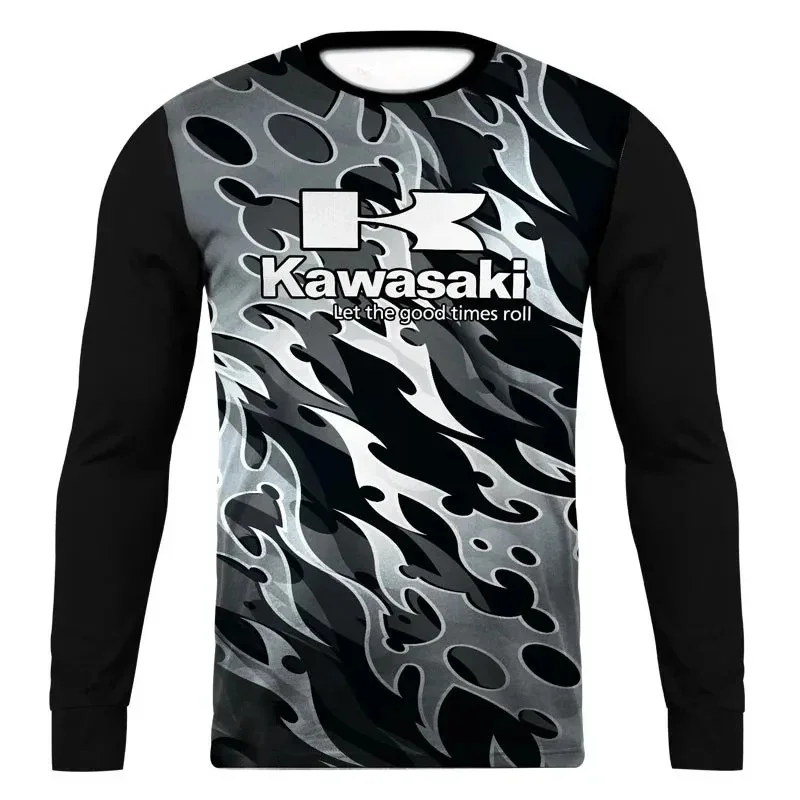 

Kawasaki мотоциклетная гоночная команда для мужчин и женщин футболка с круглым вырезом с длинным рукавом уличный стиль мото фанаты винтажные быстросохнущие топы для мотокросса