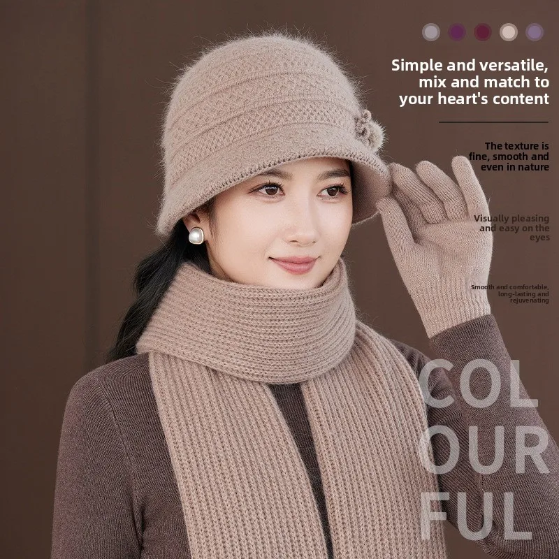 Knitted Hat Thickened and Velvet Rabbit Fur Blended Bucket Hat Warm Ear Protection Scarf Set Big Head Circumference Versatile