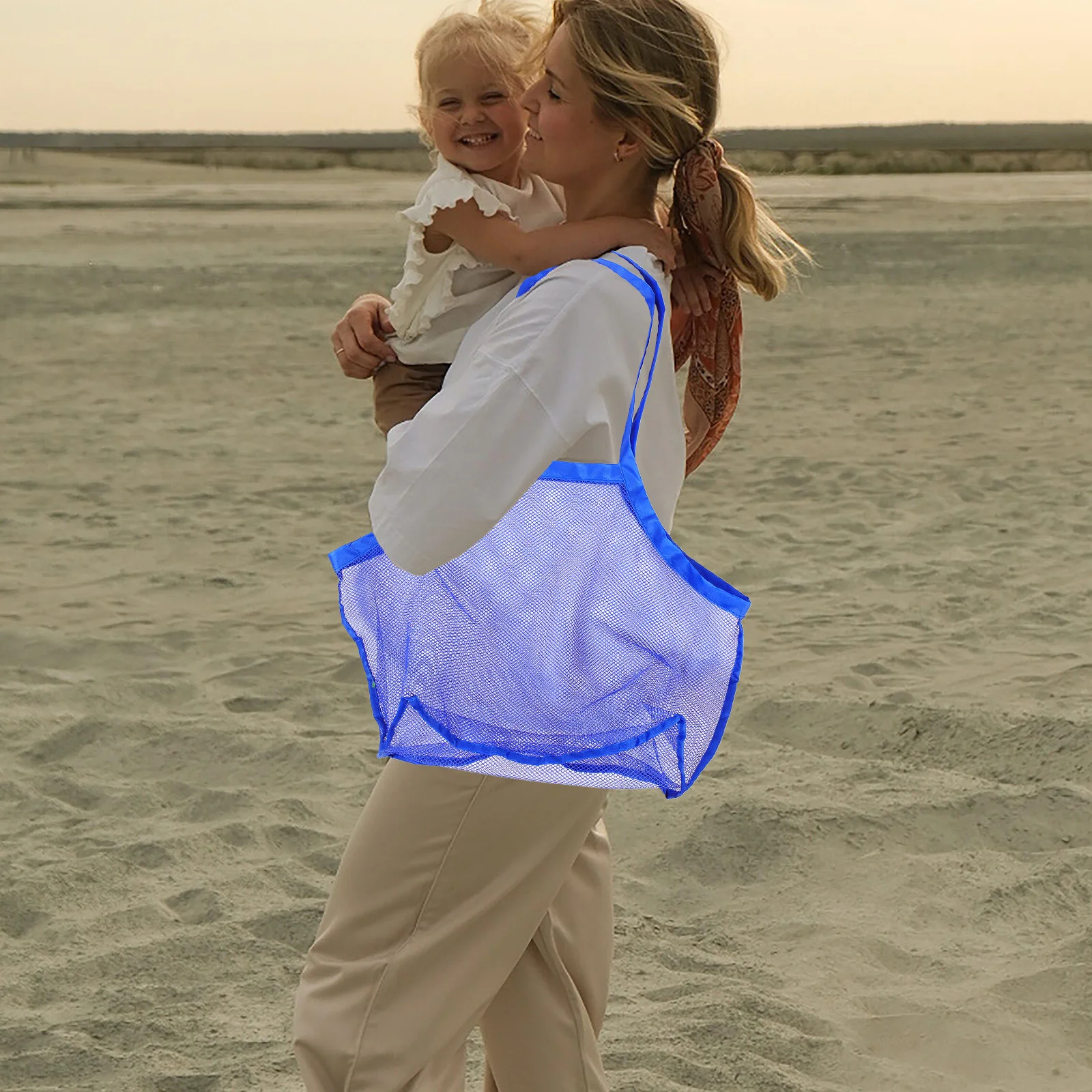 Bolsas de malla grandes para viajes en la playa, 2 uds., para recoger carcasa, almacenamiento azul para niños