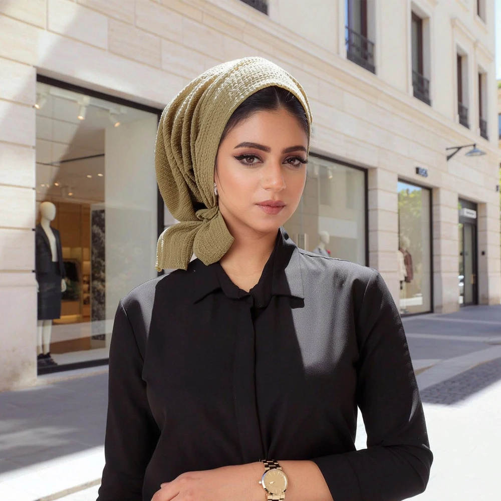 Women Crinkle Tie Back Turban Hat Soft Stretch Head Wrap Cap Hair Cover Headscarf For Daily Home Casual Outdoor Wear Headwear